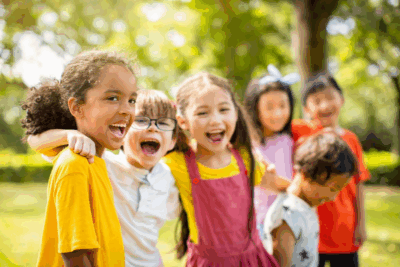 Group of happy kids in sunshine
